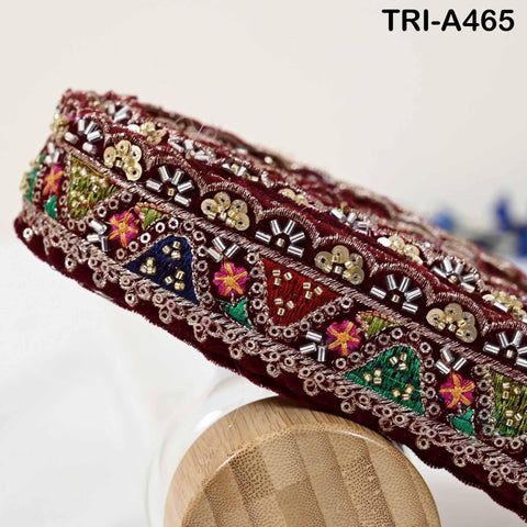 Maroon Indian Embroidery Velvet Ribbon Trim: Beaded Sari Border 1 Meter (1.8 inch)