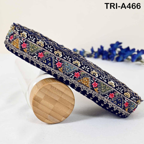 Navy Blue Indian Embroidery Velvet Ribbon Trim: Beaded Sari Border 1 Meter (1.8 inch)