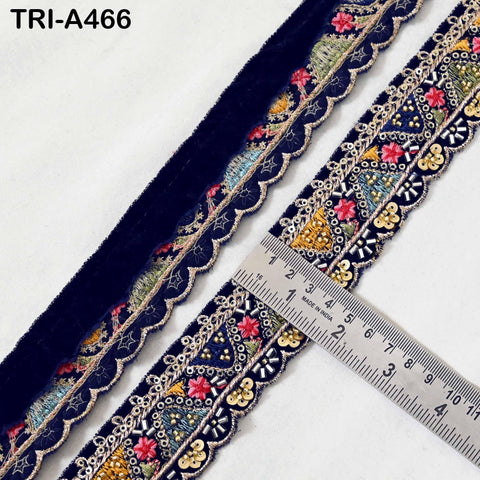Navy Blue Indian Embroidery Velvet Ribbon Trim: Beaded Sari Border 1 Meter (1.8 inch)
