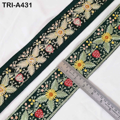 1 Meter Floral Embroidery Ribbon, Green 65mm Trim for DIY Crafts, Costumes, Decor