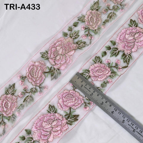 Pink Roses Embroidery Ribbon: Floral Sari Border Trim (55mm Wide) 1 Meter
