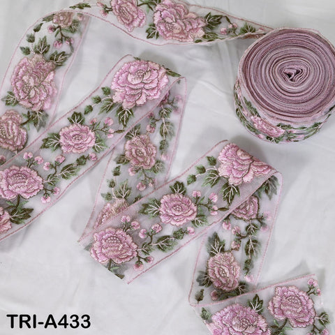 Pink Roses Embroidery Ribbon: Floral Sari Border Trim (55mm Wide) 1 Meter