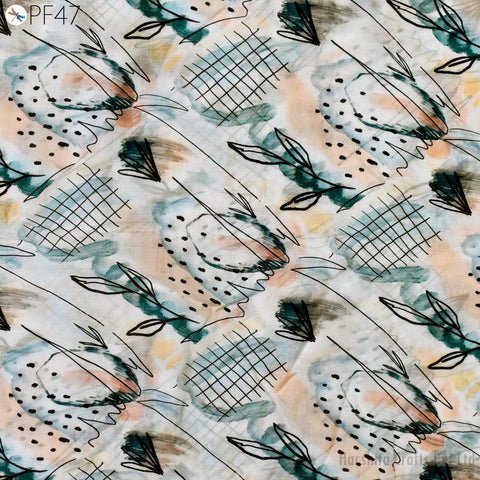 The image is a repeating pattern of abstract shapes and lines in various colors, including shades of blue, green, and orange. The pattern features a mix of organic and geometric forms, creating a visually interesting and dynamic composition.