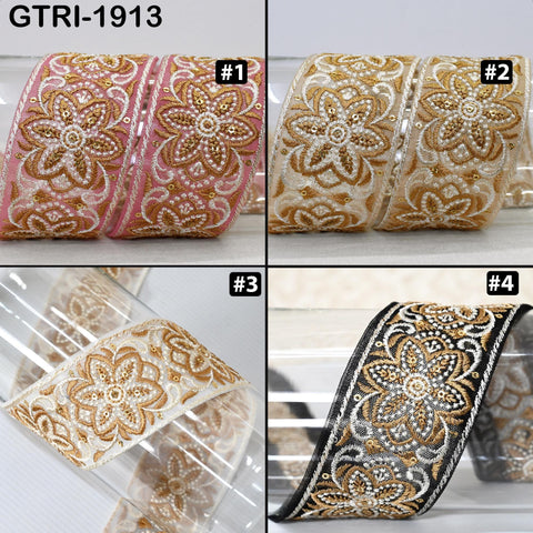 The image is a collage of four images showing different patterns and colors of decorative fabric, including pink, white, gold, and black ribbons.