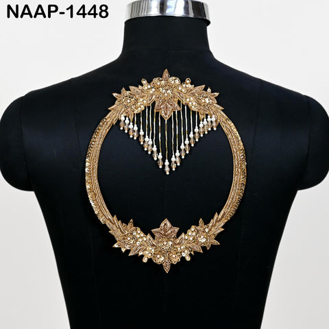 Gold Zardozi Neckline Patch Set with Sleeve Motifs, Hand Beaded Neck Yoke Applique with Pearl Fringe for Bridal Lehenga, Blouse & Kaftan
