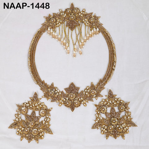 Gold Zardozi Neckline Patch Set with Sleeve Motifs, Hand Beaded Neck Yoke Applique with Pearl Fringe for Bridal Lehenga, Blouse & Kaftan