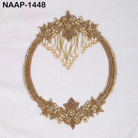 Gold Zardozi Neckline Patch Set with Sleeve Motifs, Hand Beaded Neck Yoke Applique with Pearl Fringe for Bridal Lehenga, Blouse & Kaftan