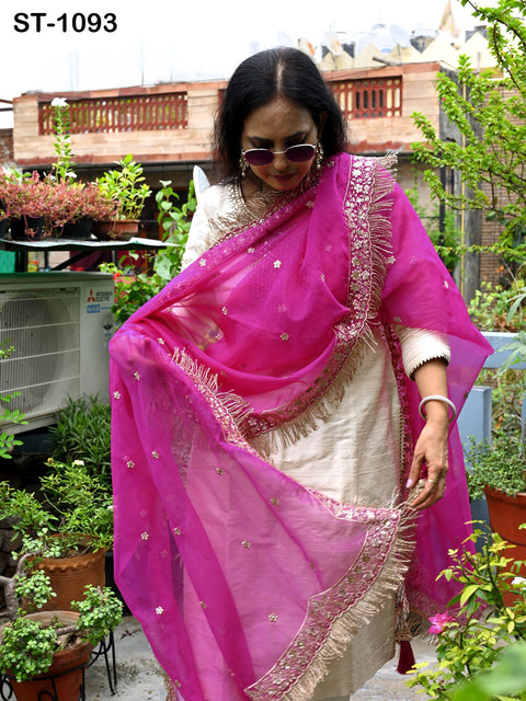 A woman wearing a pink and white traditional Indian outfit stands in a garden surrounded by potted plants.