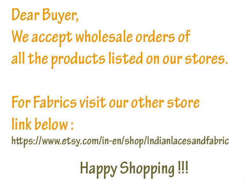 a message from a seller to a buyer, stating that they accept wholesale orders of all the products listed on their stores. The seller also provides a link to their other store for fabrics and wishes the buyer a happy shopping experience.