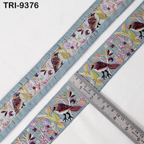 1 Meter Gray Indian Embroidery Ribbon 5cm Trim Sparrow Sari Border Crafting Lampshade Regency Reticules Victorian Handbags Junk Journals