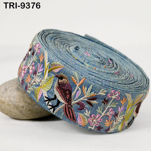 1 Meter Gray Indian Embroidery Ribbon 5cm Trim Sparrow Sari Border Crafting Lampshade Regency Reticules Victorian Handbags Junk Journals