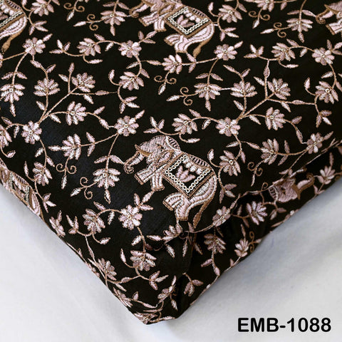 Embroidered Viscose Fabric by the Yard: Indian Elephant & Floral Design (1 Yard)