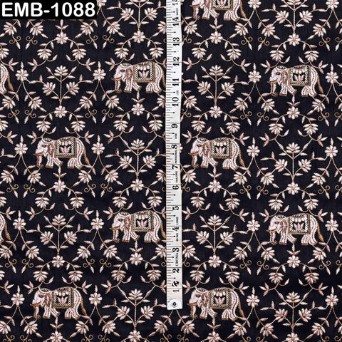 Embroidered Viscose Fabric by the Yard: Indian Elephant & Floral Design (1 Yard)