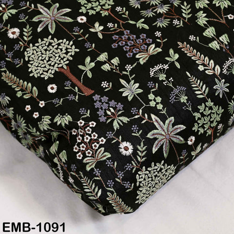 Black Embroidered Viscose Fabric: Gold Sequin Floral Pattern (1 Yard)