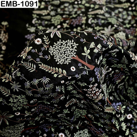 Black Embroidered Viscose Fabric: Gold Sequin Floral Pattern (1 Yard)