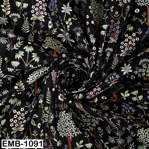 Black Embroidered Viscose Fabric: Gold Sequin Floral Pattern (1 Yard)
