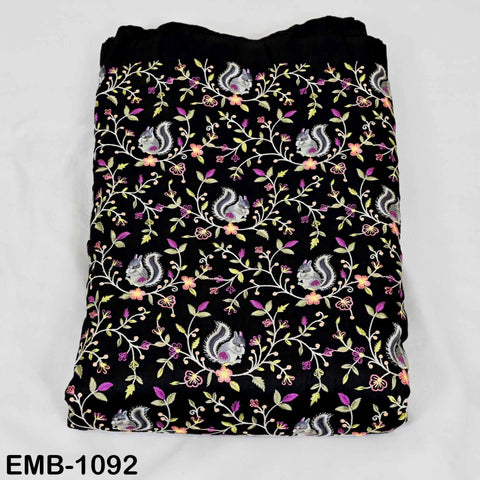 Black Viscose Fabric with Squirrel Embroidery, Floral Pattern, 44" Wide (1 Yard)
