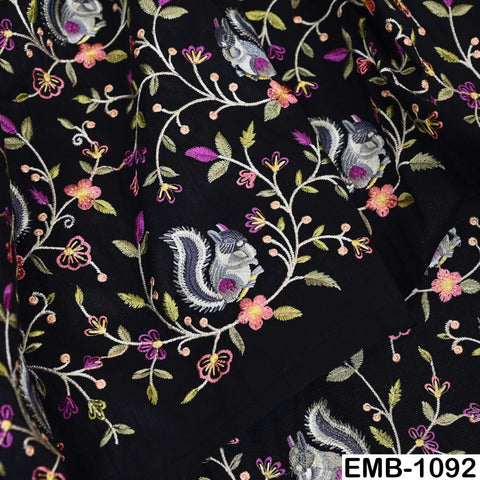 Black Viscose Fabric with Squirrel Embroidery, Floral Pattern, 44" Wide (1 Yard)