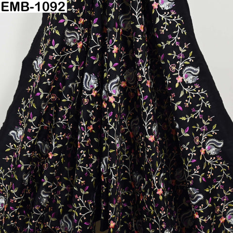 Black Viscose Fabric with Squirrel Embroidery, Floral Pattern, 44" Wide (1 Yard)