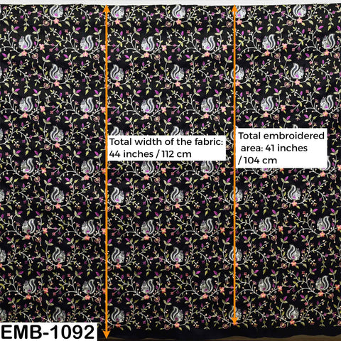 Black Viscose Fabric with Squirrel Embroidery, Floral Pattern, 44" Wide (1 Yard)
