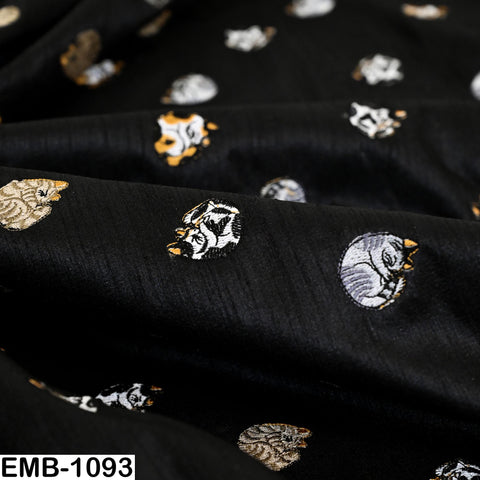 Black Viscose Fabric with Cats Embroidery, Floral Pattern, 44" Wide (1 Yard)