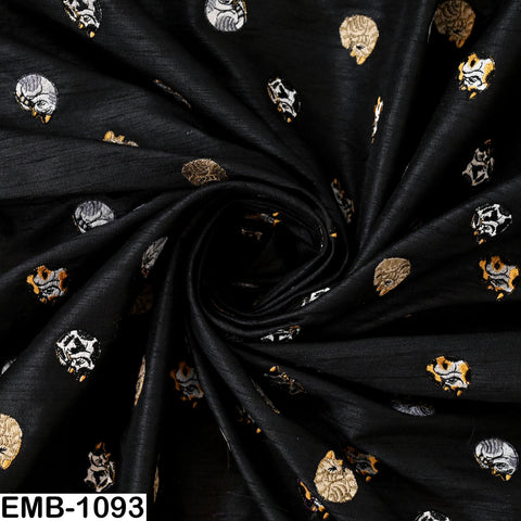 Black Viscose Fabric with Cats Embroidery, Floral Pattern, 44" Wide (1 Yard)