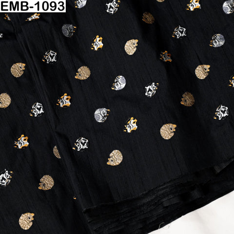 Black Viscose Fabric with Cats Embroidery, Floral Pattern, 44" Wide (1 Yard)