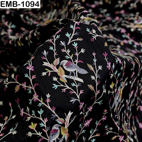 Black Viscose Fabric with Sparrow Embroidery, Floral Pattern, 44" Wide (1 Yard)