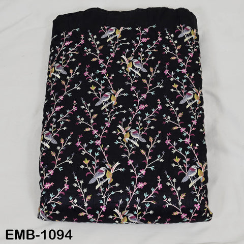 Black Viscose Fabric with Sparrow Embroidery, Floral Pattern, 44" Wide (1 Yard)