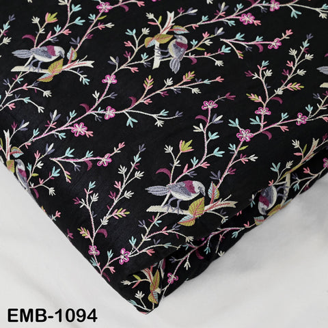 Black Viscose Fabric with Sparrow Embroidery, Floral Pattern, 44" Wide (1 Yard)