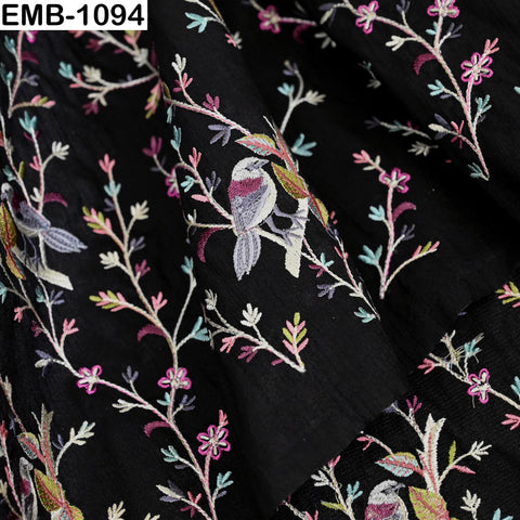 Black Viscose Fabric with Sparrow Embroidery, Floral Pattern, 44" Wide (1 Yard)