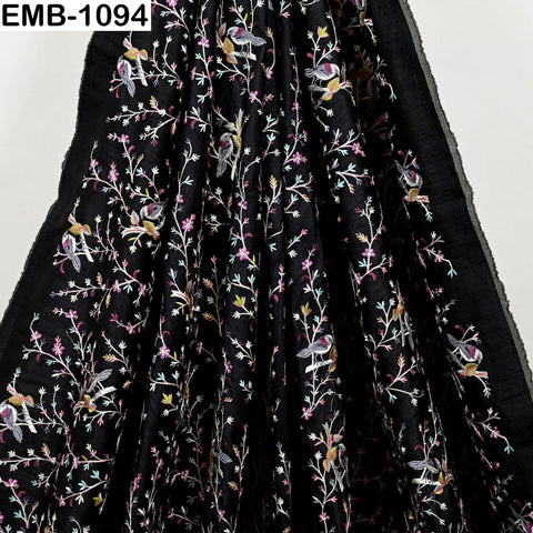 Black Viscose Fabric with Sparrow Embroidery, Floral Pattern, 44" Wide (1 Yard)