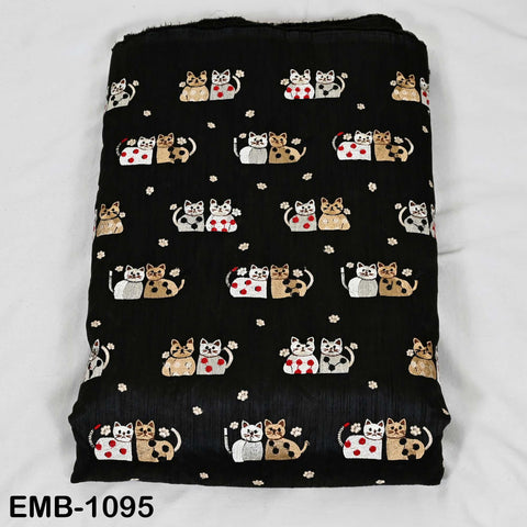 Black Viscose Fabric with Cats Embroidery, Floral Pattern, 44" Wide (1 Yard)