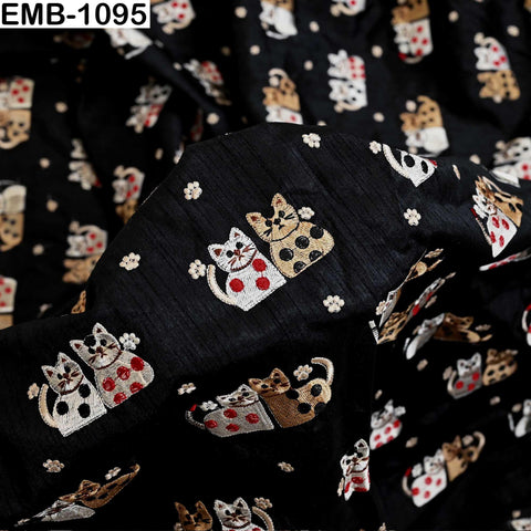 Black Viscose Fabric with Cats Embroidery, Floral Pattern, 44" Wide (1 Yard)