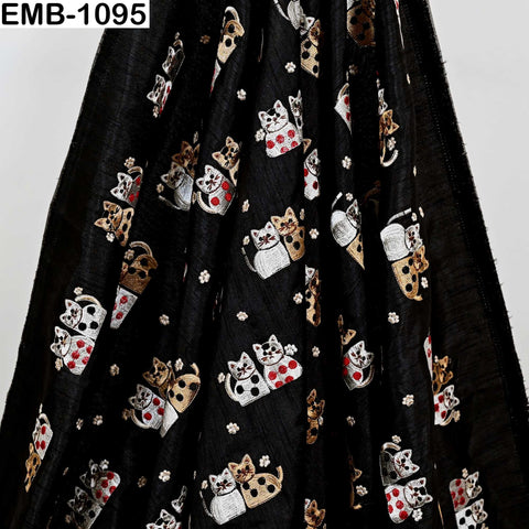 Black Viscose Fabric with Cats Embroidery, Floral Pattern, 44" Wide (1 Yard)