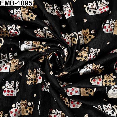 Black Viscose Fabric with Cats Embroidery, Floral Pattern, 44" Wide (1 Yard)