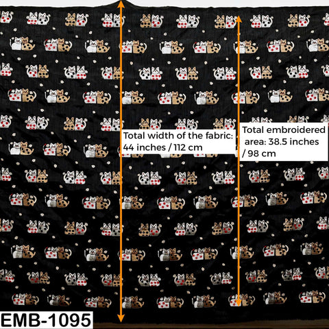 Black Viscose Fabric with Cats Embroidery, Floral Pattern, 44" Wide (1 Yard)