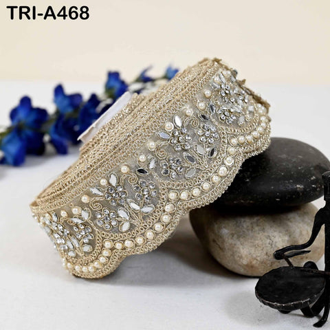 1 Meter Dull Gold Mirror Beaded Trim: Scallop Edge Sari Border (6cm)