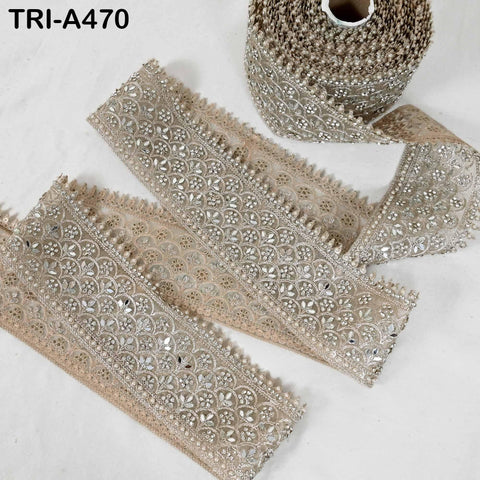1 Meter Dull Gold Mirror Beaded Trim: Scallop Edge Sari Border (8.89cm)