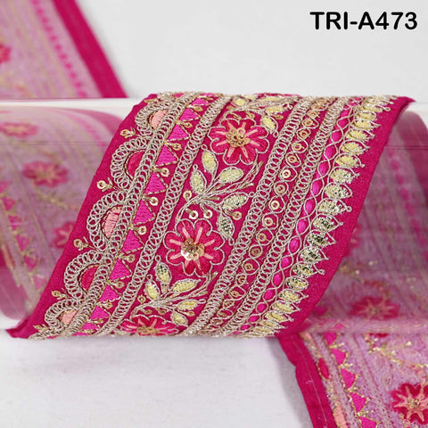 Magenta Pink Indian Sequins Trim Ribbon – Gold Zari Embroidery, 7.62cm Wide (1 Meter)