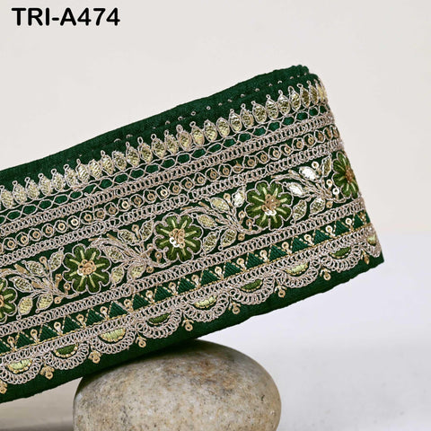 Bottle Green Indian Sequins Trim Ribbon – Gold Zari Embroidery, 7.62cm Wide (1 Meter)