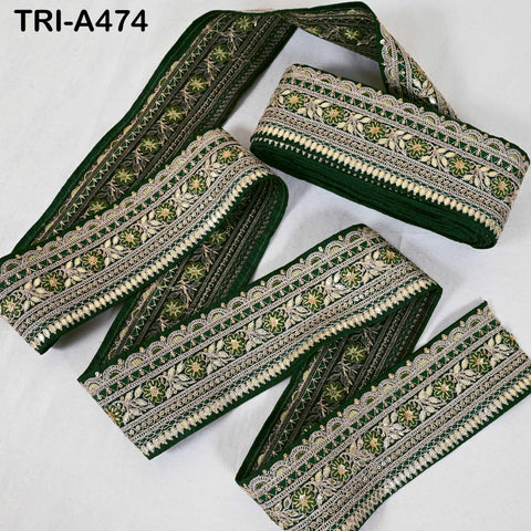 Bottle Green Indian Sequins Trim Ribbon – Gold Zari Embroidery, 7.62cm Wide (1 Meter)