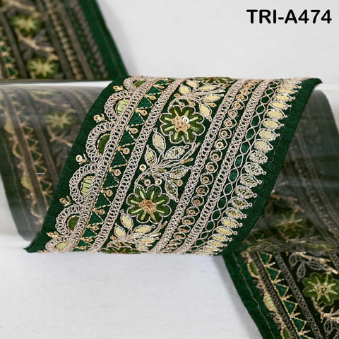 Bottle Green Indian Sequins Trim Ribbon – Gold Zari Embroidery, 7.62cm Wide (1 Meter)