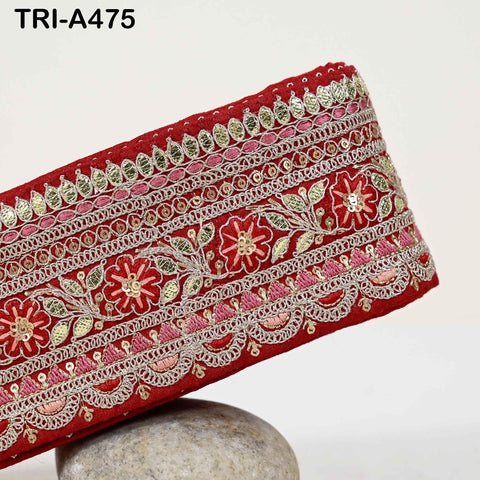 Red Indian Sequins Trim Ribbon – Gold Zari Embroidery, 7.62cm Wide (1 Meter)