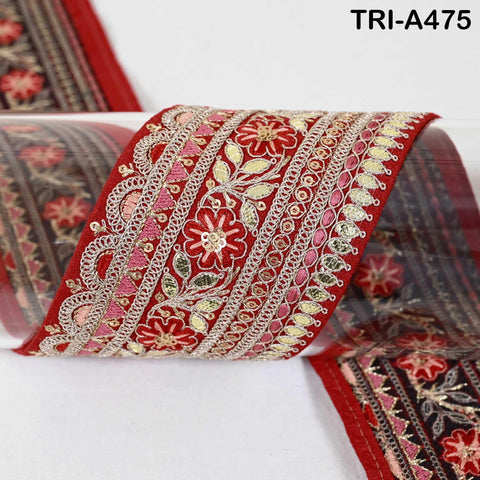 Red Indian Sequins Trim Ribbon – Gold Zari Embroidery, 7.62cm Wide (1 Meter)