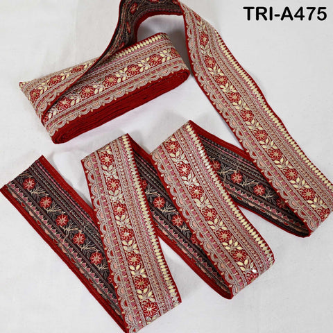 Red Indian Sequins Trim Ribbon – Gold Zari Embroidery, 7.62cm Wide (1 Meter)