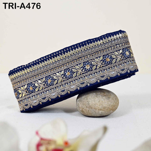 Navy Blue Indian Sequins Trim Ribbon – Gold Zari Embroidery, 7.62cm Wide (1 Meter)