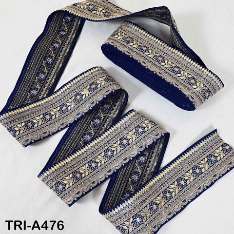 Navy Blue Indian Sequins Trim Ribbon – Gold Zari Embroidery, 7.62cm Wide (1 Meter)