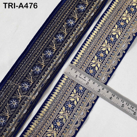 Navy Blue Indian Sequins Trim Ribbon – Gold Zari Embroidery, 7.62cm Wide (1 Meter)