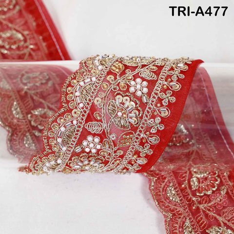 1 Meter Red Indian Beaded Trim Ribbon – Gold Zari Embroidery Sari Border (3 inches)